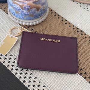 Michael Kors Plum Saffiano Leather Card Case with Gold Key Ring